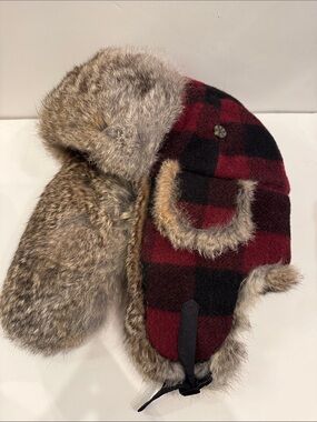 Mad Bomber wool Plaid Trapper Hat with  real rabbit Fur Trim - Red/Black